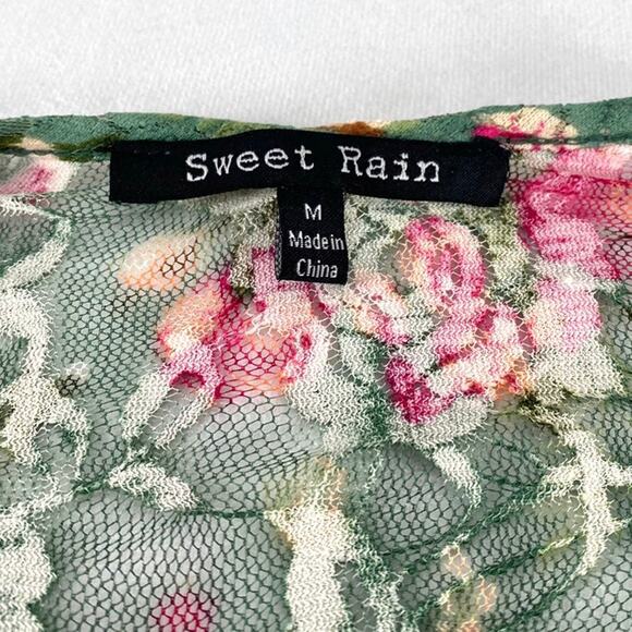 Sweet Rain Sage Floral Mesh Fringe Cardigan Cover Up Shawl Sz Medium - Picture 7 of 11